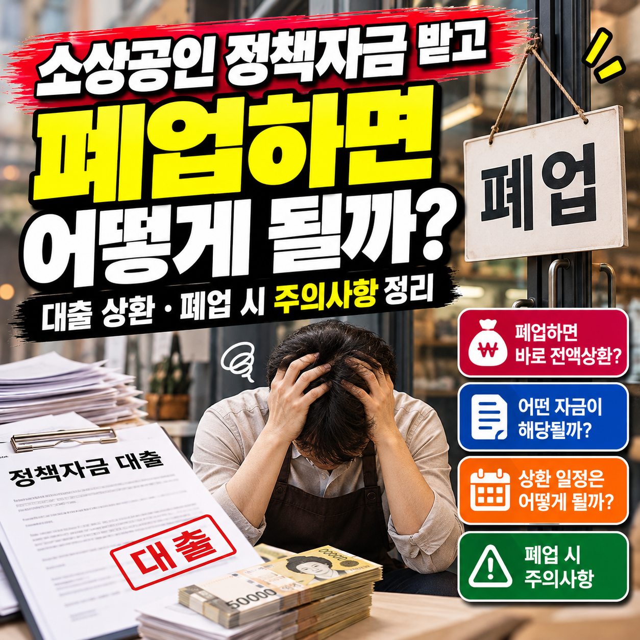 소상공인 정책자금을 받은 뒤 폐업할 경우 대출 상환과 주의사항을 정리한 안내 이미지