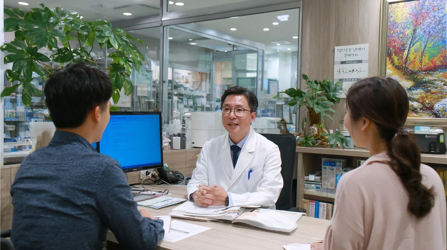 병원 진료실에서 두통 상담을 받는 환자와 의사 이미지