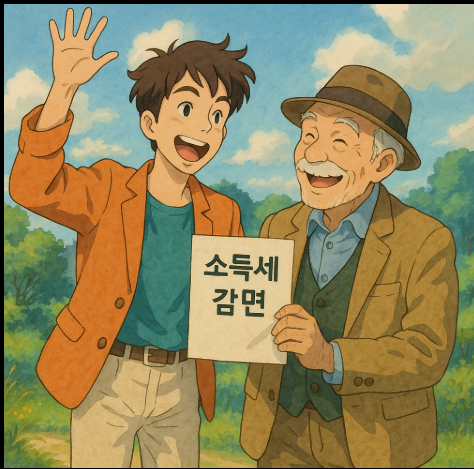 소득세 감면 받고 즐거워하는 청년과 노인 근로자 이미지.