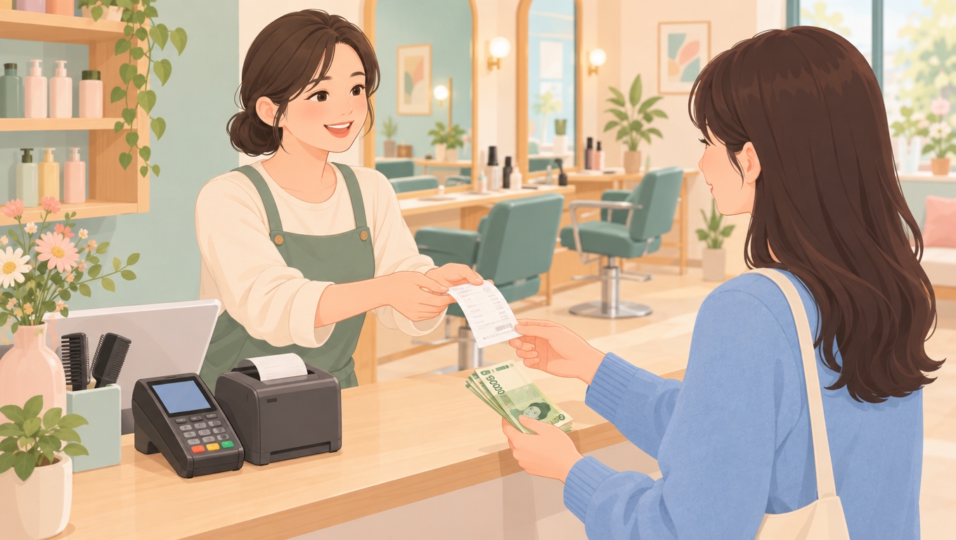 미용실 카운터에서 현금 결제 후 현금영수증을 건네는 모습