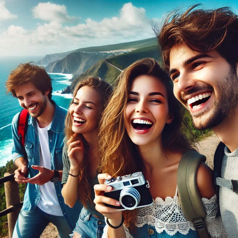 이 이미지에는 푸른 하늘과 바다를 배경으로 숨막히는 해안 전망 근처에서 웃고 사진을 찍는 모습이 담겨 있습니다