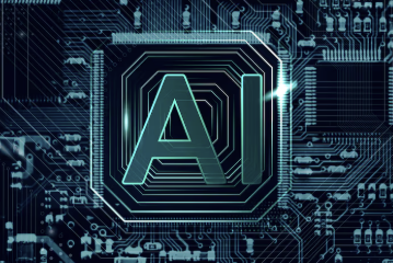 AI 기술을 상징하는 디지털 회로 배경 속 인공지능 아이콘 이미지