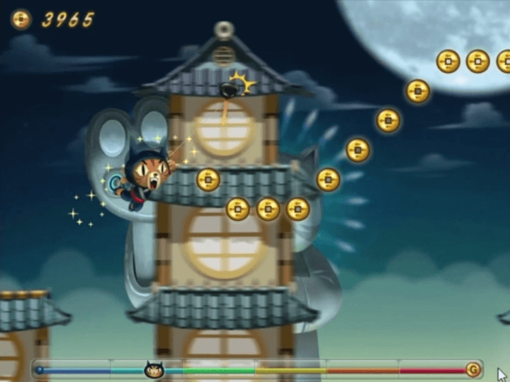 고군분투-고양이-플래시게임-플레이-건물-지붕에-와이어를-부착하고-점프하는-화면