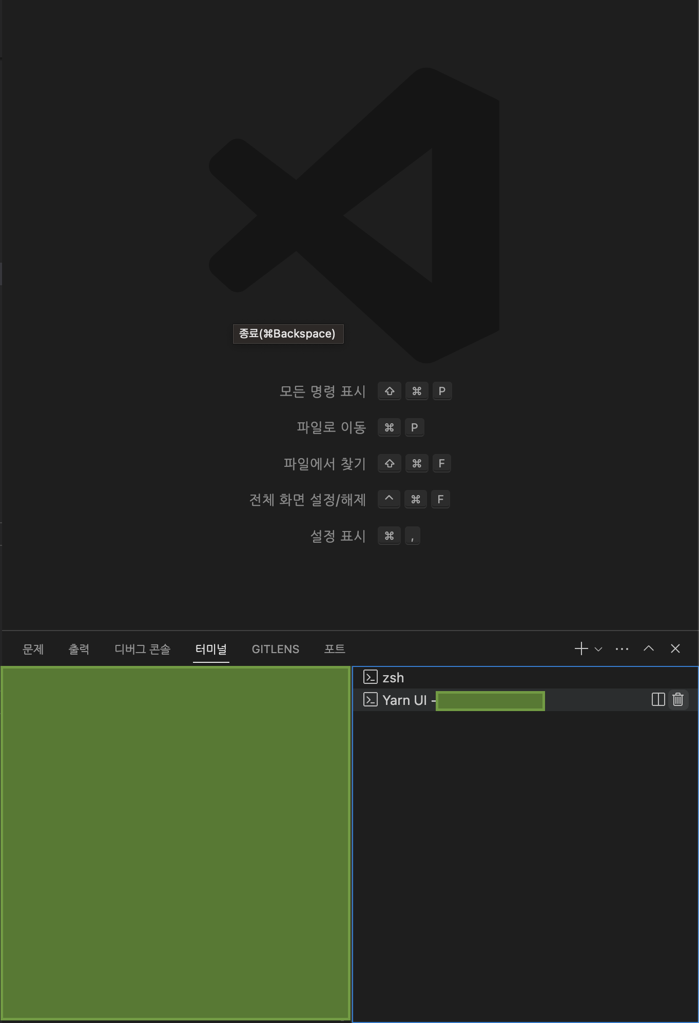 VSCode에서 두 개의 터미널이 열린 화면