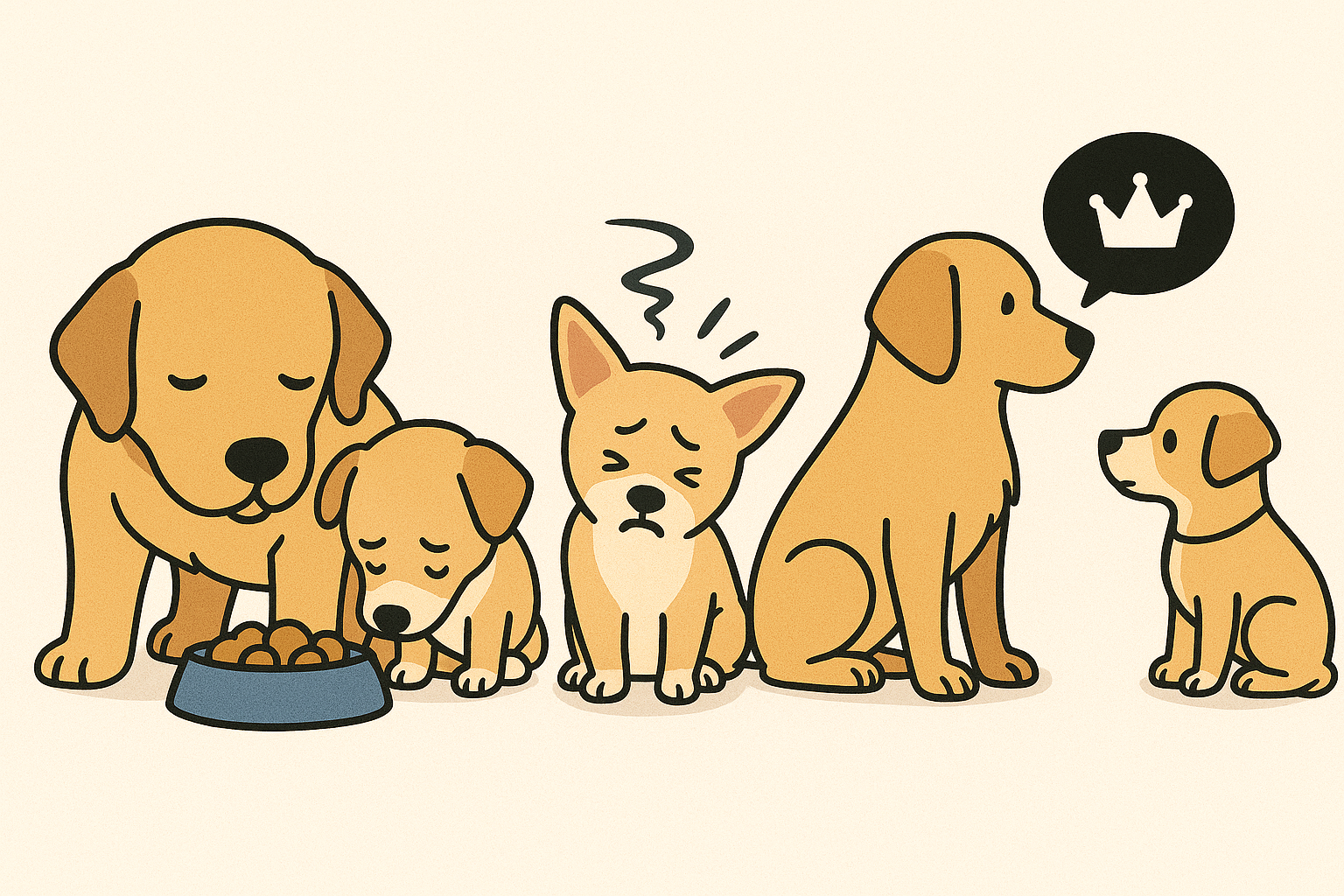 체급 차이가 나는 강아지들 사이에서 발생할 수 있는 문제들을 표현한 그림으로, 왼쪽부터 급식 상황에서 사료를 함께 먹는 모습, 중간에는 작은 강아지가 스트레스를 받는 장면, 오른쪽에는 위계 질서 속에서 큰 강아지가 우위를 점하고 작은 강아지가 복종하는 장면이 순서대로 그려져 있습니다. 크기 차이로 인해 발생할 수 있는 갈등이나 긴장을 시각적으로 잘 보여주는 구성이며, 반려견 다두 사육 시 고려해야 할 요소들을 간결하게 전달합니다.