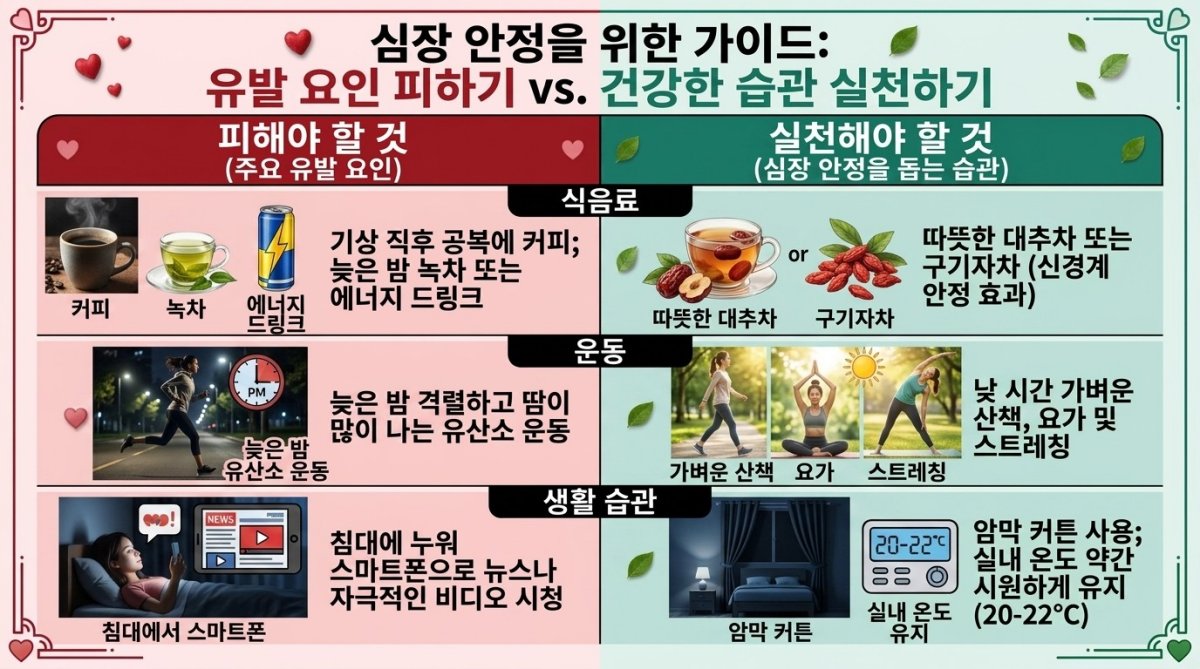 심장 안정을 위해 피해야 할 것과 실천해야 할 것에 대한 설명 이미지