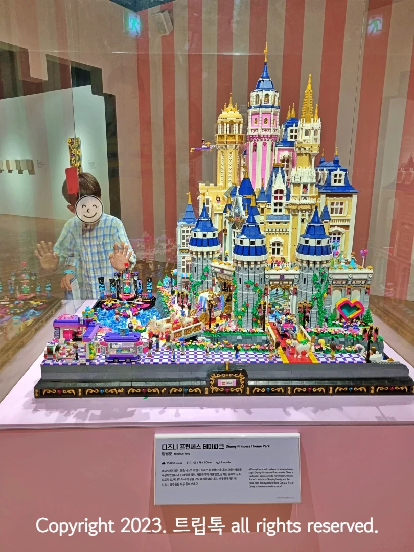 분홍색 단상위세 파란 줄무늬 지븡으로 이루어진 큰 성에 많은 캐릭터 공주들과 인물이 있다