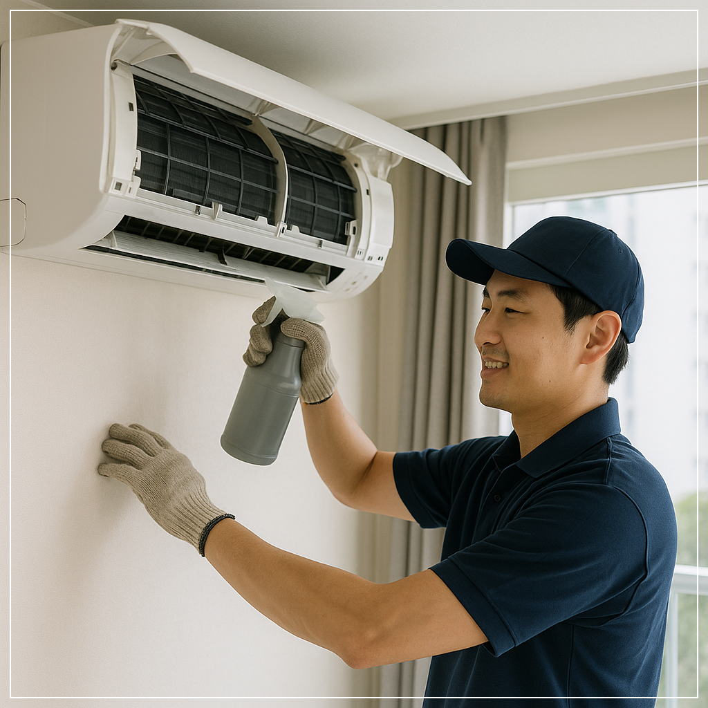 전남 무안 아파트에서 벽걸이형 에어컨을 청소 중인 전문가의 모습. 송풍팬까지 고압세척하며 냄새 제거 중인 장면입니다.