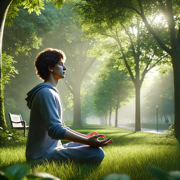 공원에서 깊은 호흡을 하며 스트레스를 해소하는 사람