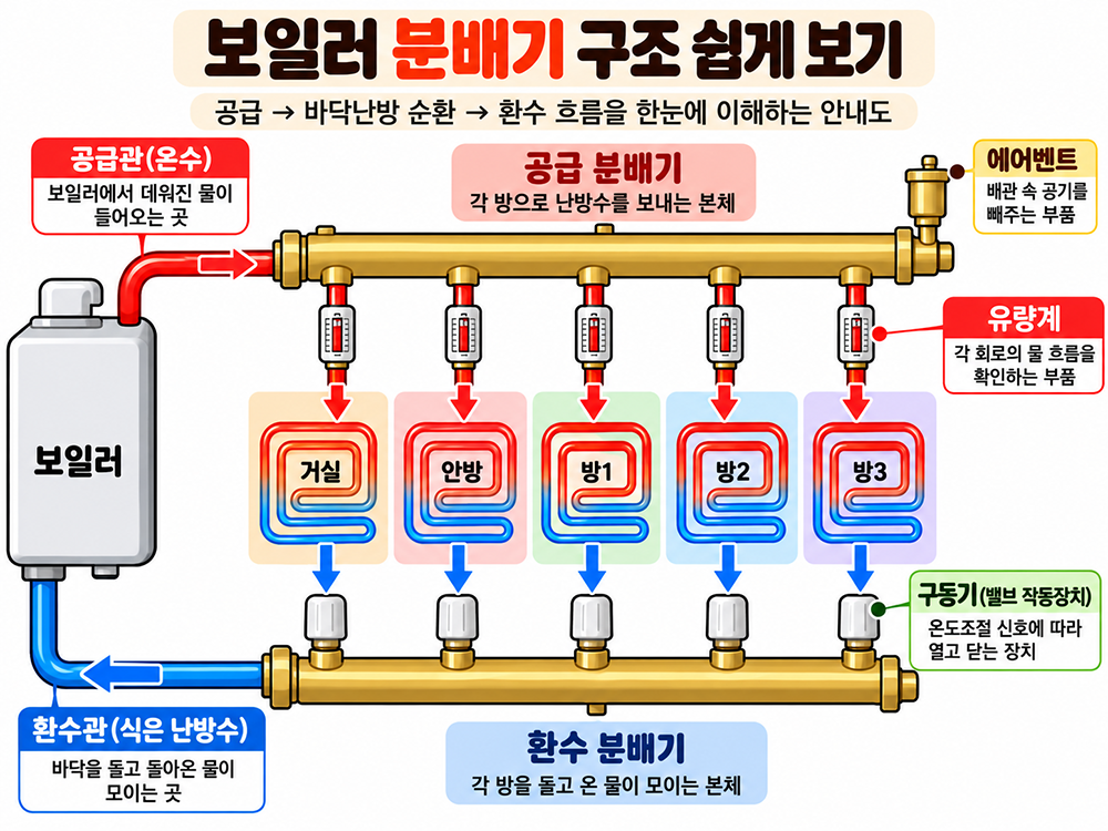 보일러에서 데워진 난방수가 공급 분배기를 통해 거실과 각 방의 바닥배관으로 이동한 뒤 환수 분배기로 돌아오는 순환 구조와 유량계&middot;구동기&middot;에어벤트 위치를 설명한 안내도