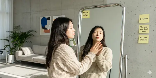 거울 속 나와 손을 맞대고 마주 서 있는 여성