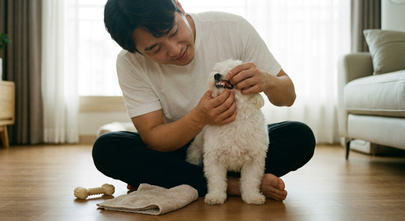 강아지 입안을 살펴보는 보호자