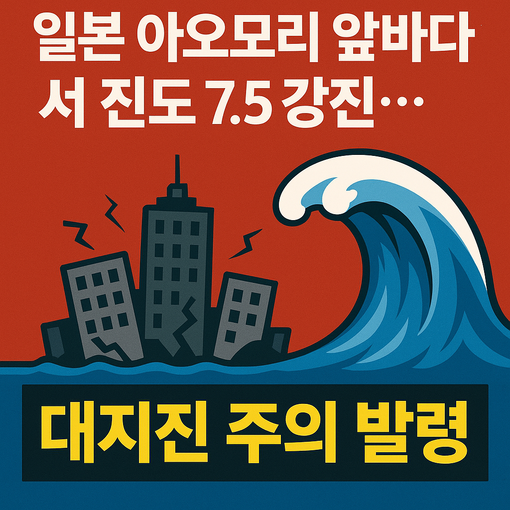 일본 아오모리 앞바다에서 규모 7.5 강진이 발생하고 대지진 주의와 쓰나미 주의가 발령된 상황을 알리는 뉴스형 경고 이미지