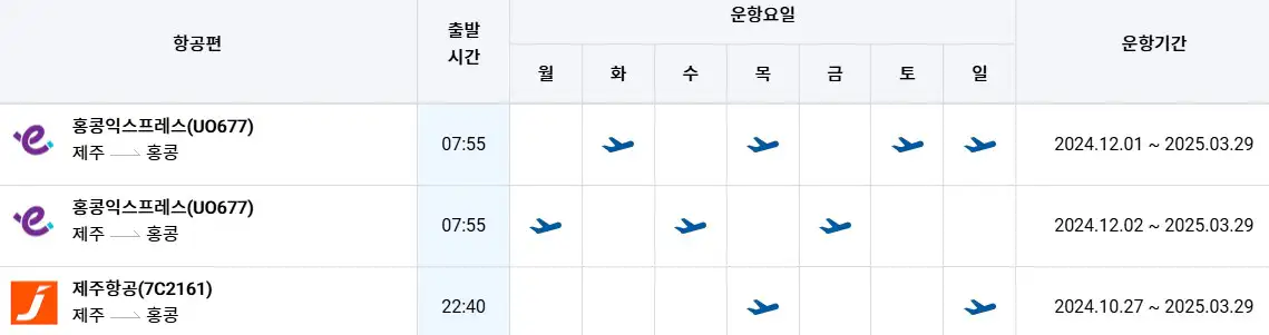 제주 홍콩 직항 항공권 시간표
