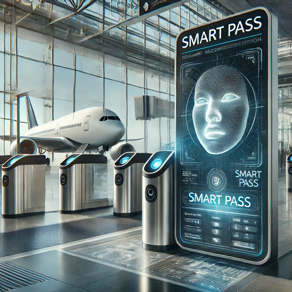 미래형 공항에서 Smart Pass 시스템을 사용하는 승객의 새로 생성된 일러스트레이션