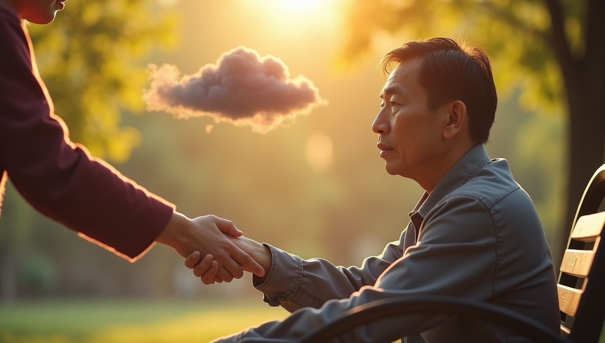 벤치에서 혼자 있다가 누군가 손을 내미는 장면
외롭지만 혼자가 아니라는 메시지.