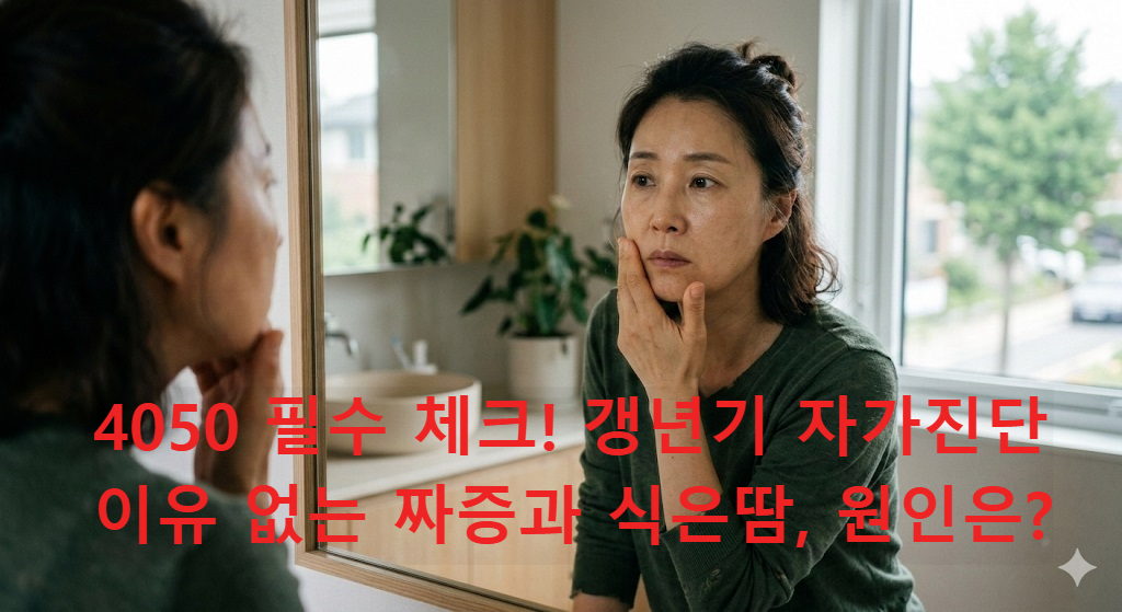 거울을 보며 갱년기 증상을 확인하는 40대 후반 여성