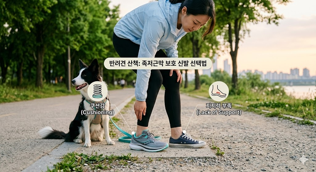 반려견 산책 시 발바닥 통증을 예방하고 족저근막을 보호하는 최적의 기능성 신발 선택 가이드