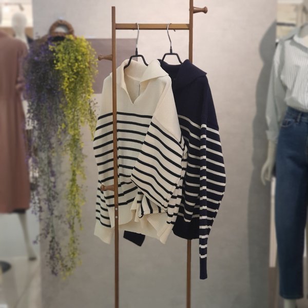 ab.f.z 에이비에프지 v넥 플랫카라 스트라이프 니트 acw1hw58c