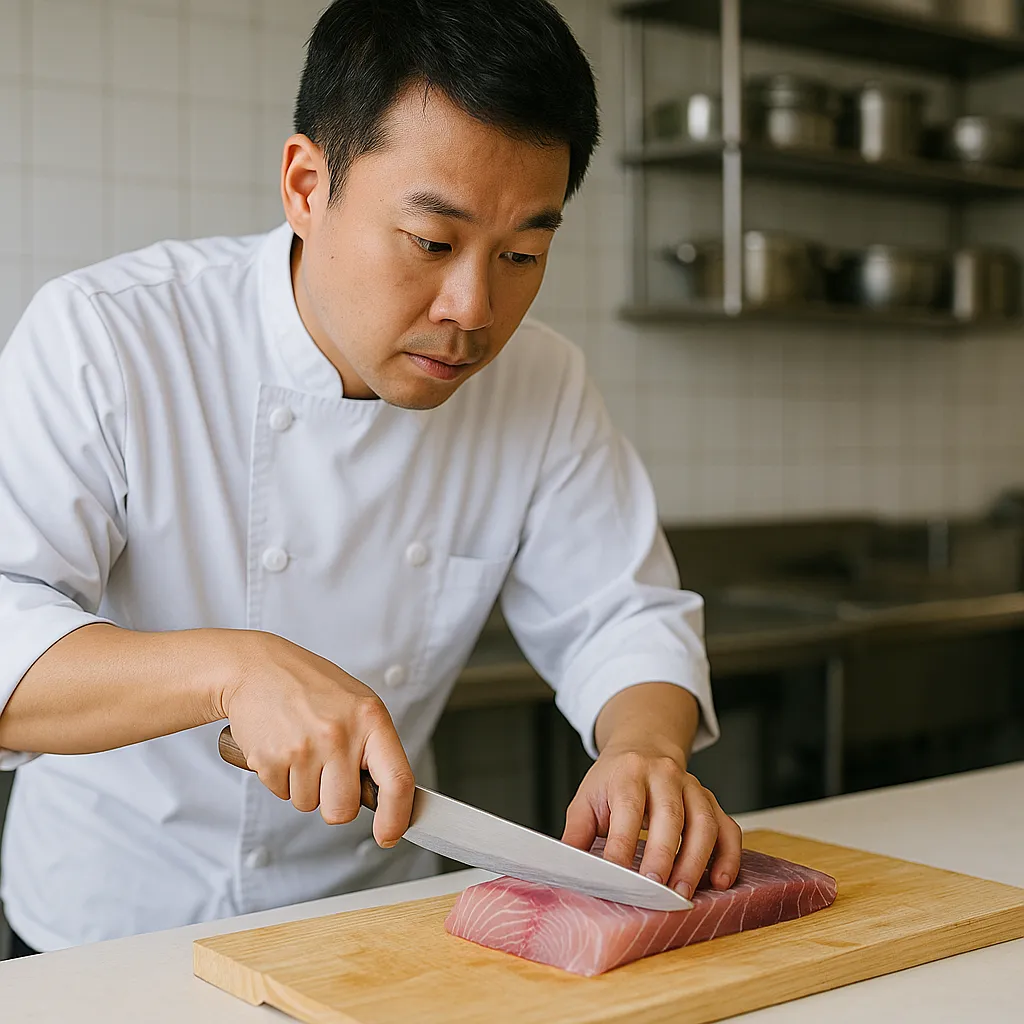 도마 위 방어회를 정교하게 써는 요리사