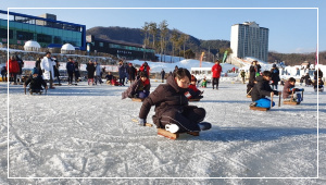 얼음위 눈썰매 타는 사진