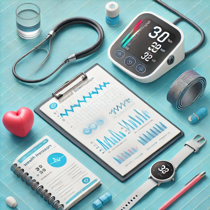 고혈압 관리를 위한 도구 세트&amp;#44; 디지털 혈압계&amp;#44; 피트니스 트래커&amp;#44; 혈압 기록용 노트가 함께 배치된 이미지.