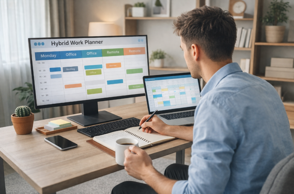 재택근무 환경에서 하이브리드 업무 일정을 체크하는 30대 직장인의 모습