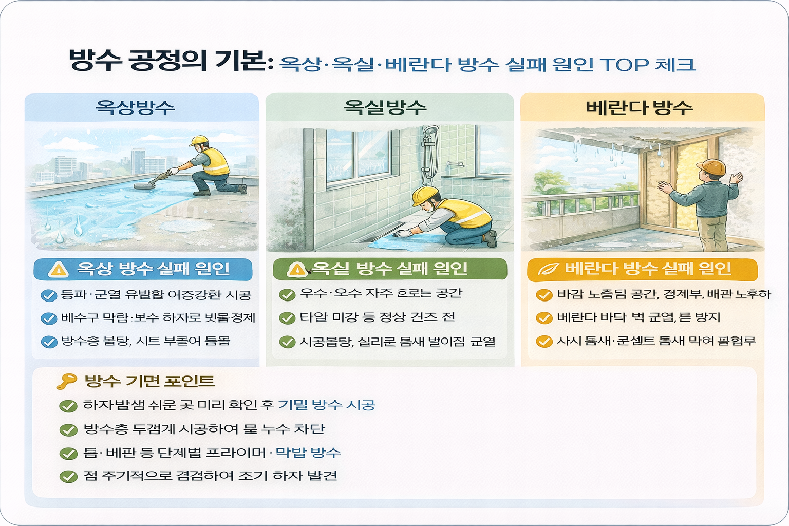 방수 공정의 기본: 옥상·욕실·베란다 방수 실패 원인 TOP 체크(옥상방수, 욕실방수, 베란다방수)