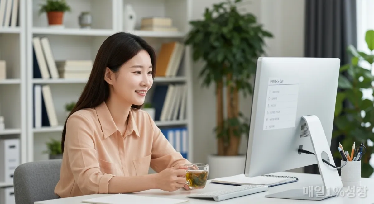 깔끔하게 정리된 홈 오피스에서 업무 리스트를 보며 미소 짓는 20대 후반 한국인 여성