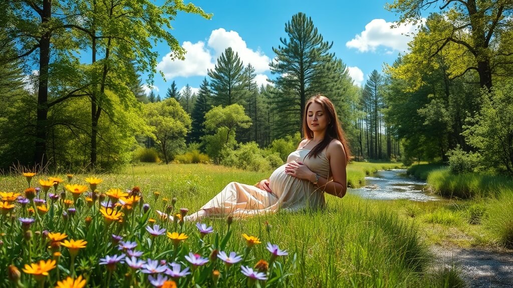 편안한 미소를 짓고 있는 임산부가 푸른 숲이나 잔잔한 호숫가를 산책하는 모습. 자연 속에서 휴식을 취하며 스트레스를 해소하는 건강한 임신 준비의 중요성을 표현한다.