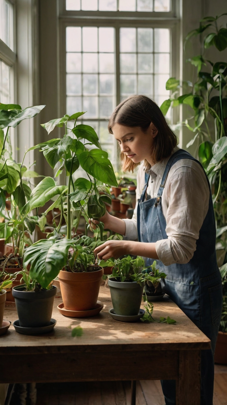 한 여성이 집안 가득 식물을 기르며 관리하는 모습