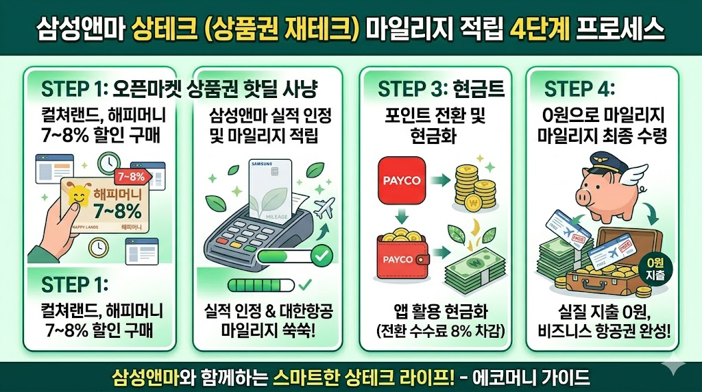 삼성앤마 상테크 4단계 구조: 상품권 할인 구매, 삼성앤마 적립, 페이코 포인트 전환, 계좌 송금 및 마일리지 획득 과정 요약 안내 - 에코머니 가이드