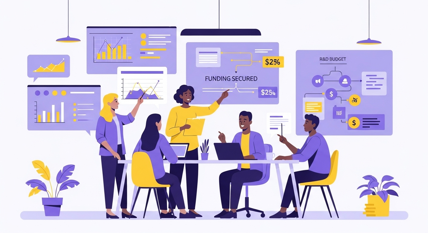 스타트업 팀이 R&D 지원금 확보를 위해 전략을 논의하고 재정 계획을 검토하는 모습.