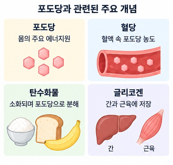 포도당과 혈당, 탄수화물, 글리코겐의 관계를 구분해 설명하는 이미지