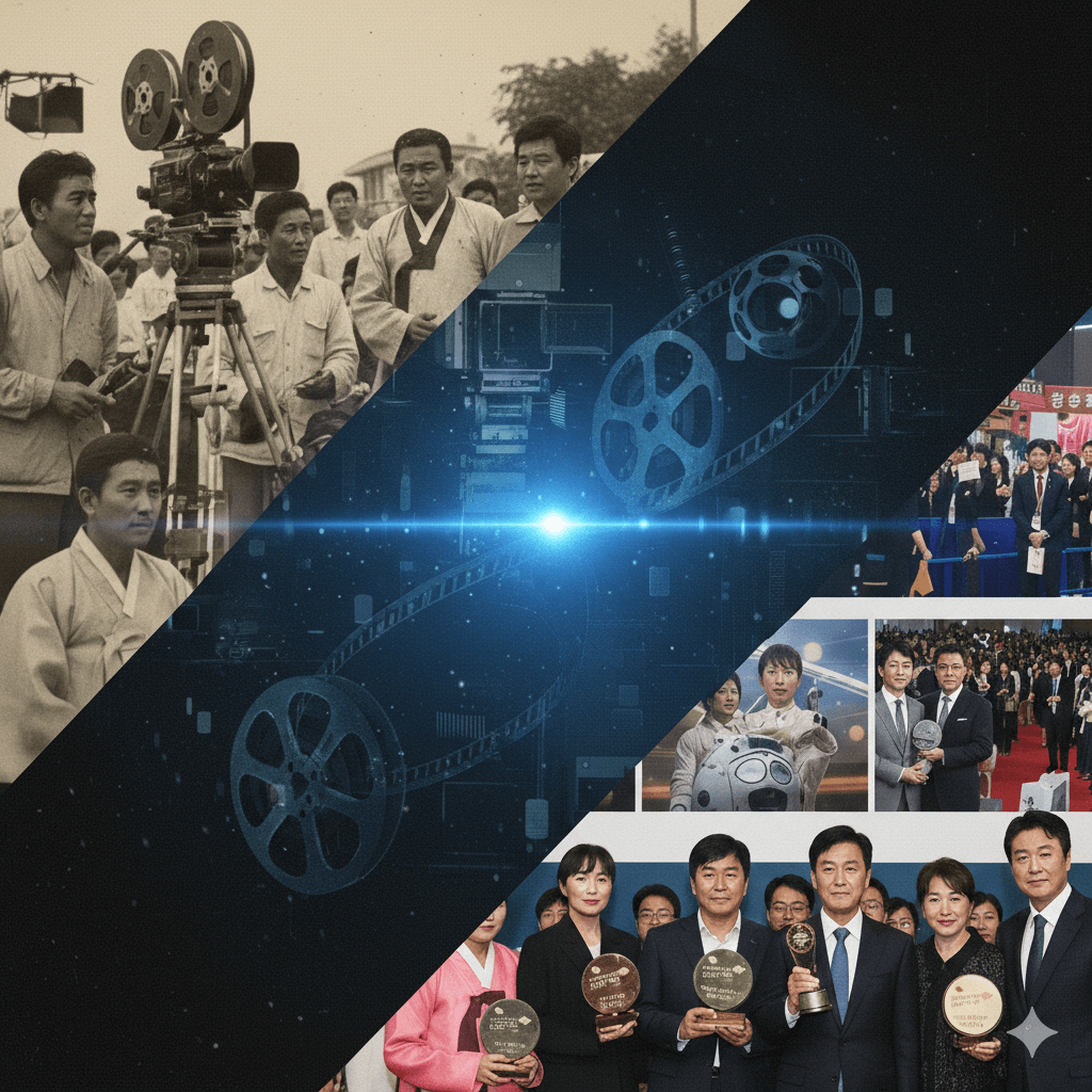 1990년대 이전의 흑백 영화 촬영 현장과 현대의 디지털 영화 제작 소스, 그리고 국제 영화제에서 수상하는 영화인들의 모습이 대각선으로 분할되어 합성된 이미지. 한국 영화의 과거와 현재, 글로벌 성장을 시각적으로 대비시킨 그래픽