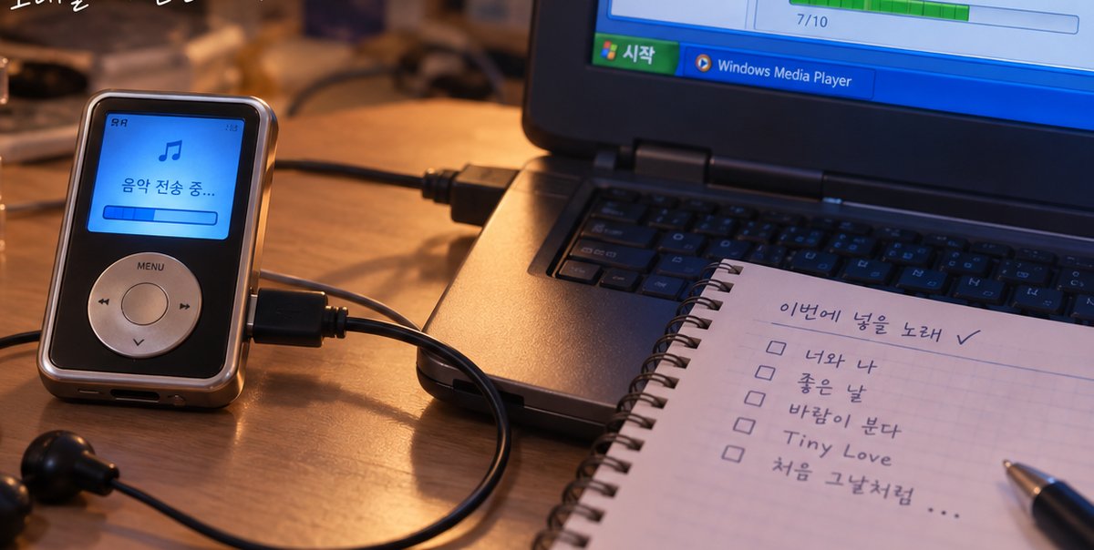 컴퓨터와 USB 케이블로 연결된 MP3 플레이어 옆에 놓인 유선 이어폰