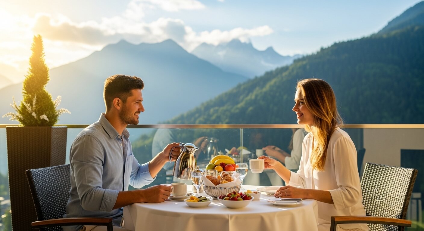 호텔 발코니에서 조식을 즐기는 커플