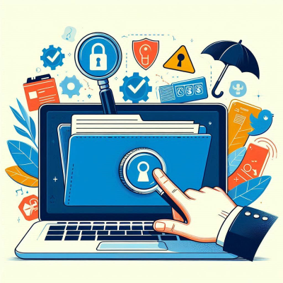 "보안 아이콘들로 가득 찬 화면에서 파일 잠금을 조작하는 손."