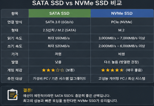 SATA SSD와 NVMe SSD 연결 방식과 게임 성능 차이