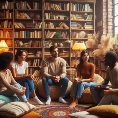 책을 둘러싸고 앉아 있는 사람들이 서로 책을 읽고 이야기하는 모습입니다.