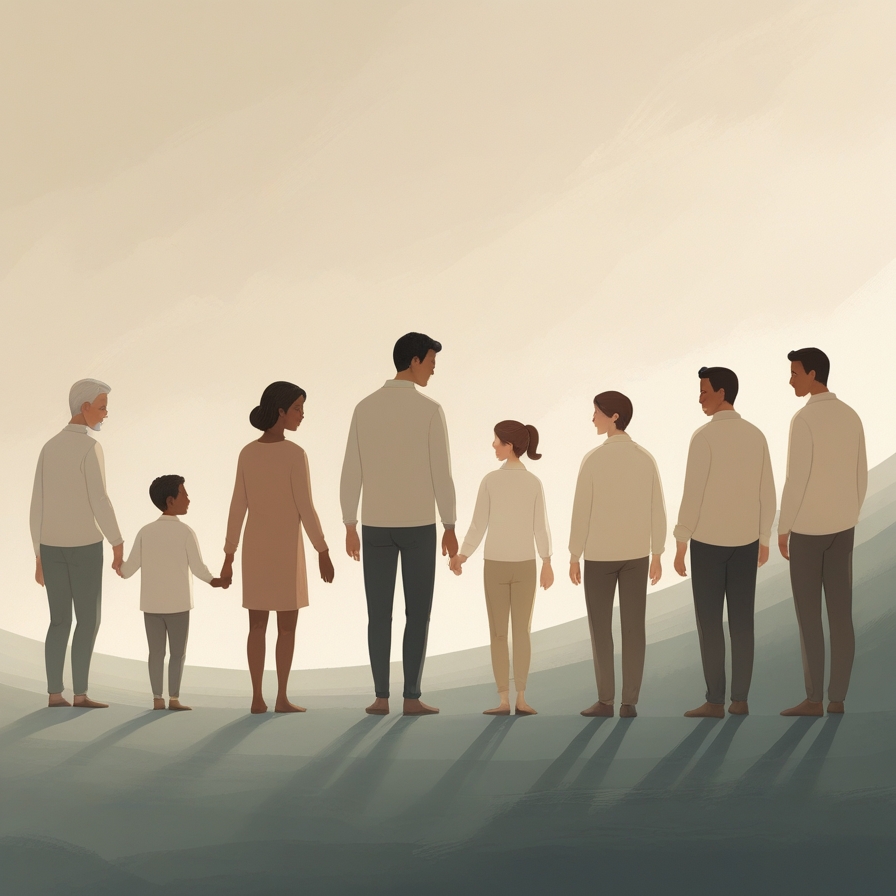 세대가 이어지며 시간이 흐르고 인간의 조건이 변해가는 모습을 상징적으로 표현한 이미지