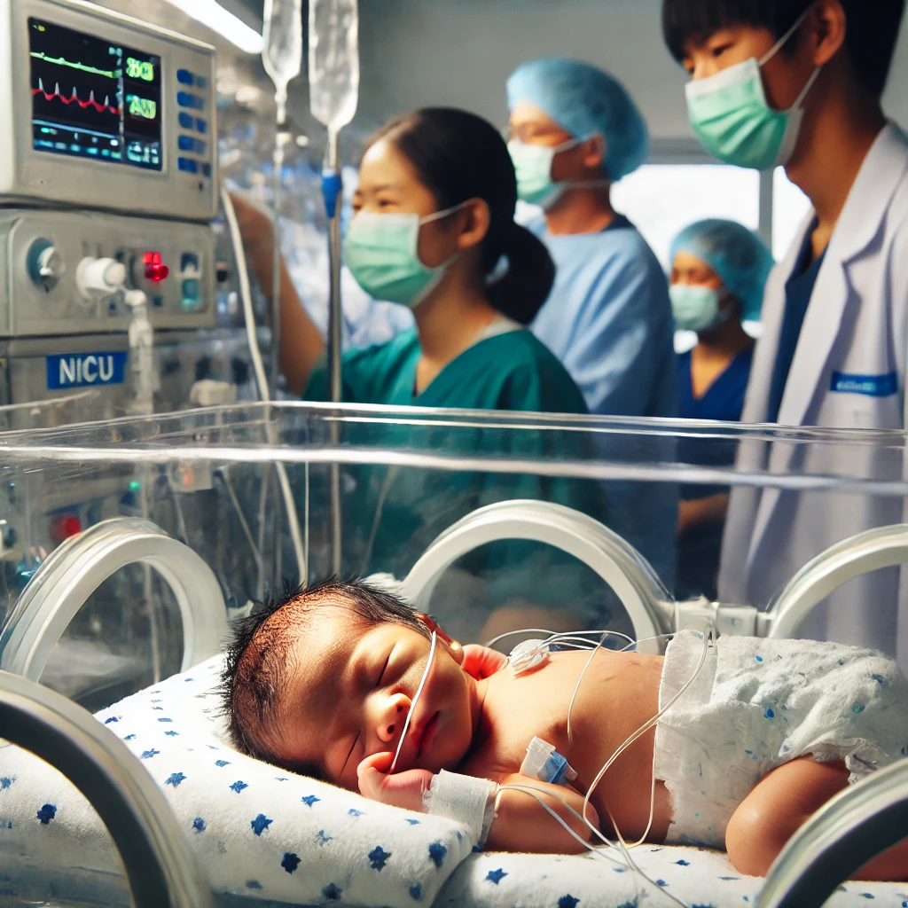 신생아 집중 치료실(NICU)에서 콜로디온 베이비 증후군을 가진 신생아가 의료진의 집중 관리를 받는 장면