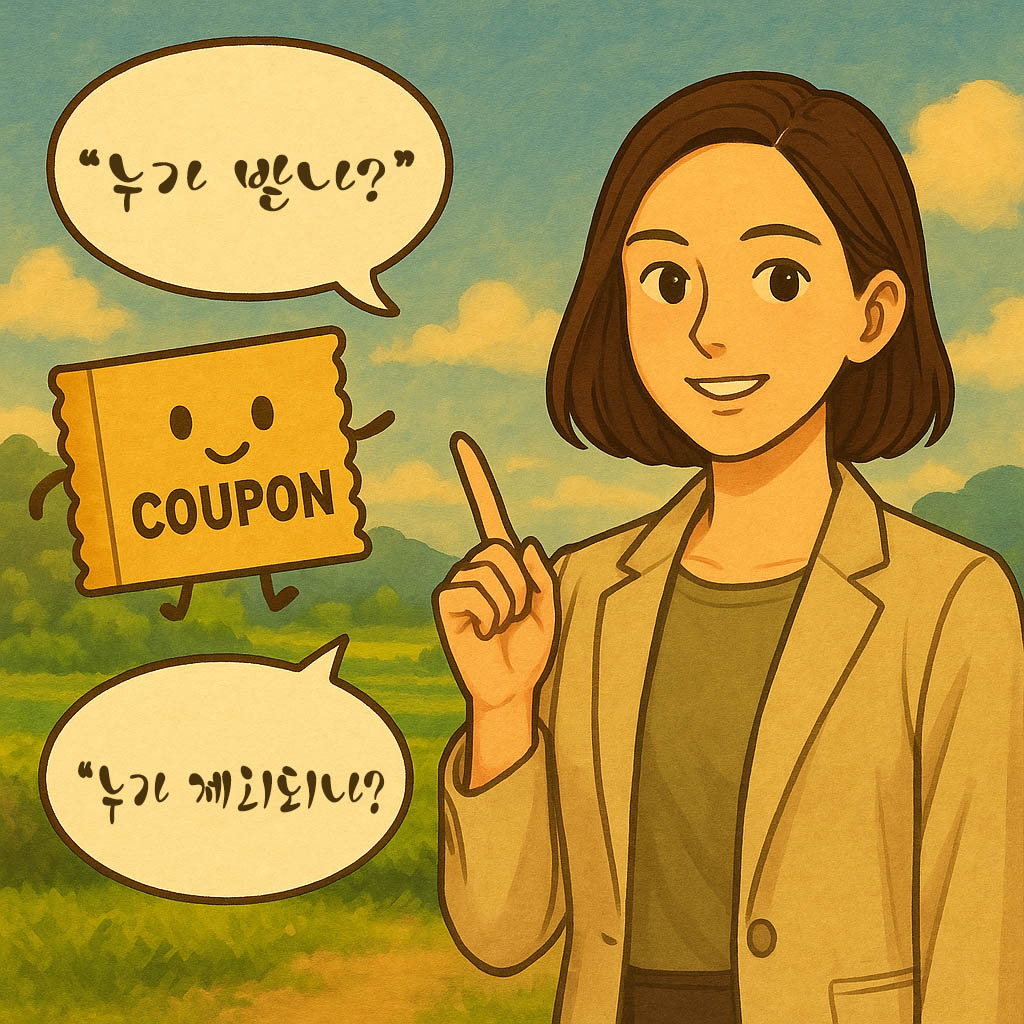 초록 들판 배경&amp;#44; 세련된 여성 캐릭터가 손가락으로 가리키며 쿠폰 캐릭터와 함께 등장&amp;#44; 말풍선에 &ldquo;누가 받나?&rdquo; &ldquo;누가 제외되나?&rdquo; 텍스트 포함