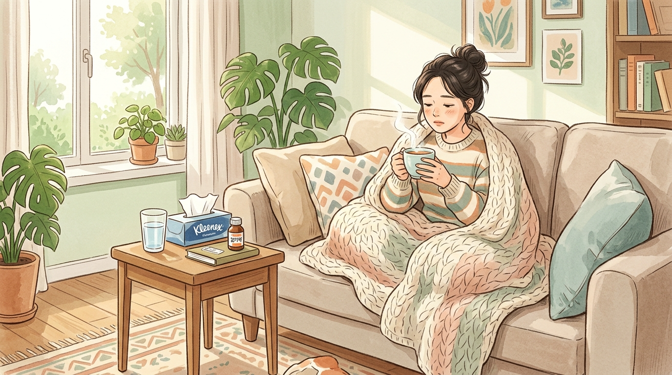 감기 기운이 느껴질 때 오전 시간을 편안하게 쉬면서 자신을 돌보는 모습