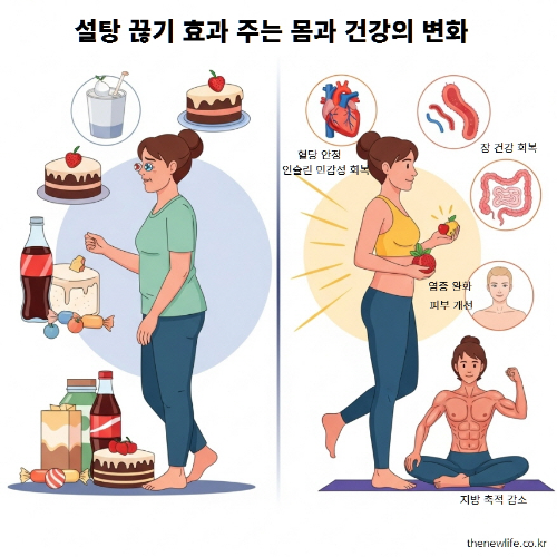 설탕 끊기 효과로 나타나는 몸과 건강 변화, 혈당 안정, 인슐린 민감성 회복, 지방 축적 감소, 피부 개선 이미지