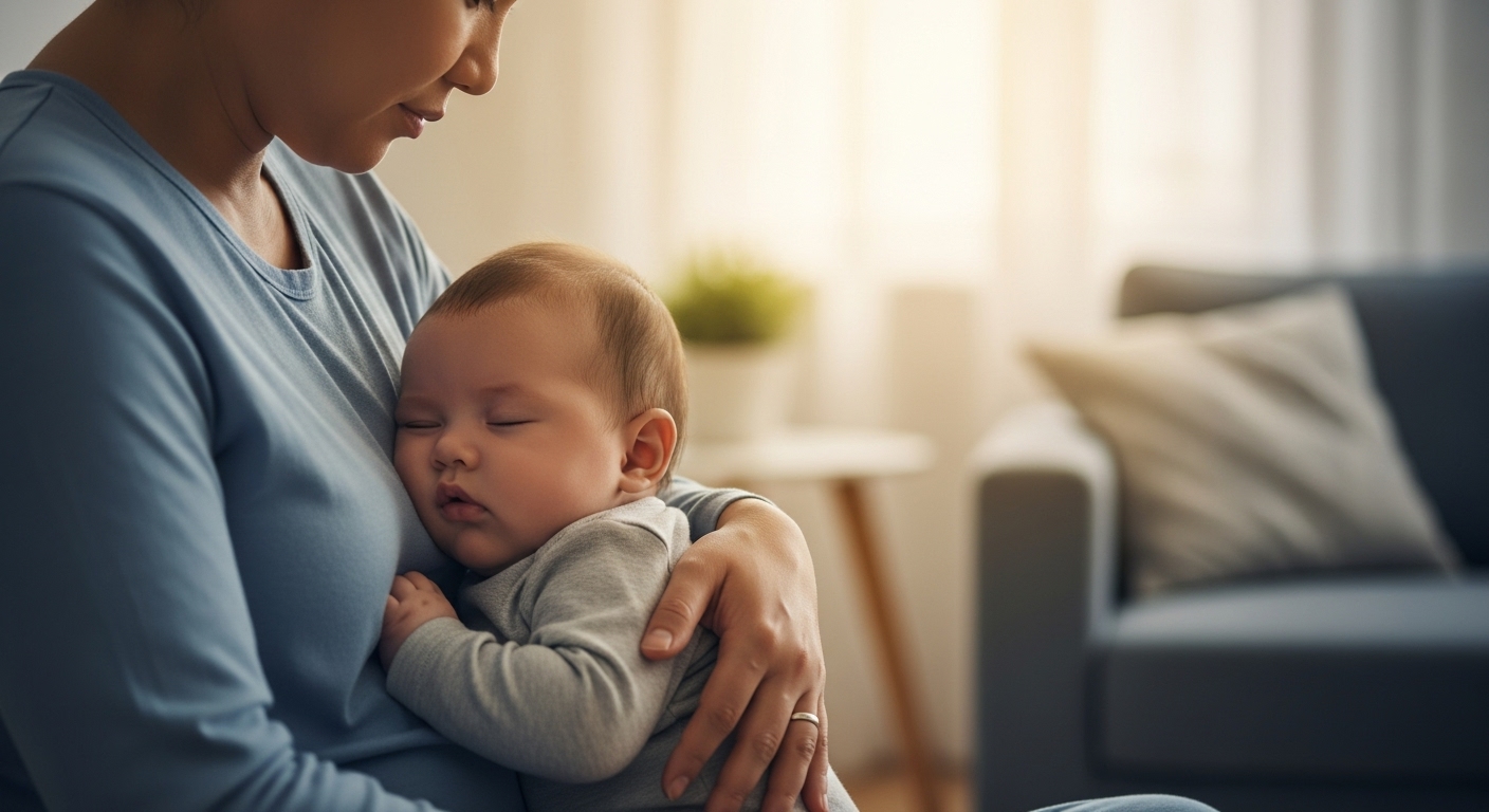 아픈 아기를 부드럽게 안고 있는 부모의 모습. 아기의 평화로운 표정과 부모의 따뜻한 시선이 편안함과 안정감을 준다.