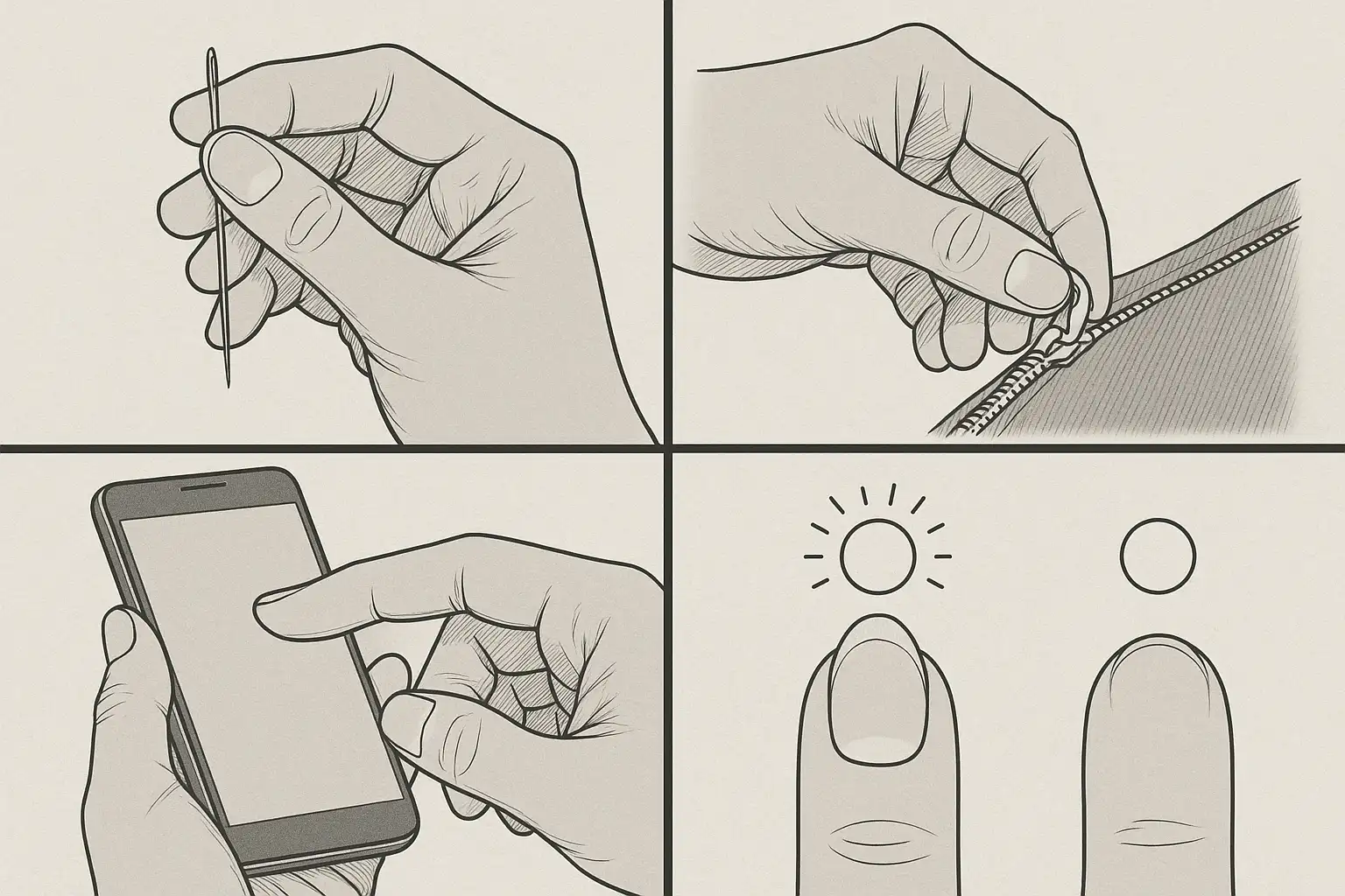 바늘을 잡거나 지퍼를 잠그는 손, 스마트폰을 터치하는 손, 손톱이 손끝을 보호하는 모습의 단면도, 손톱 유무에 따른 감각 차이 비교