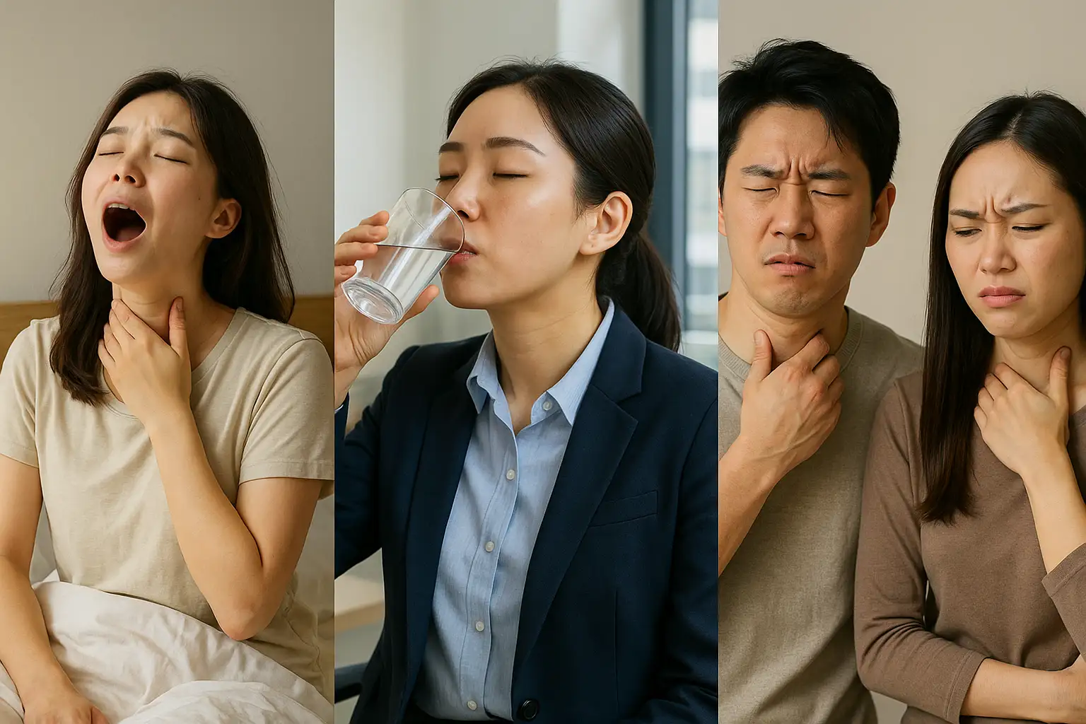 아침에 일어나 입을 벌리며 목을 만지는 여성, 말을 많이 한 후 물을 마시며 목을 진정시키는 직장인, 목에 불편함을 느끼며 찡그린 표정의 한국인 남녀