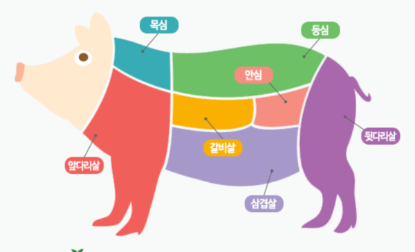 돼지고기는 목심, 삼겹, 갈비 등 다양한 부위로 이루어져있다. 부위별 그림을 표현하였다