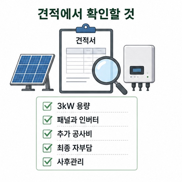가정용 태양광 견적을 받을 때 발전용량과 패널, 인버터, 추가 공사비, 최종 자부담, 사후관리를 확인하는 모습을 정리한 이미지